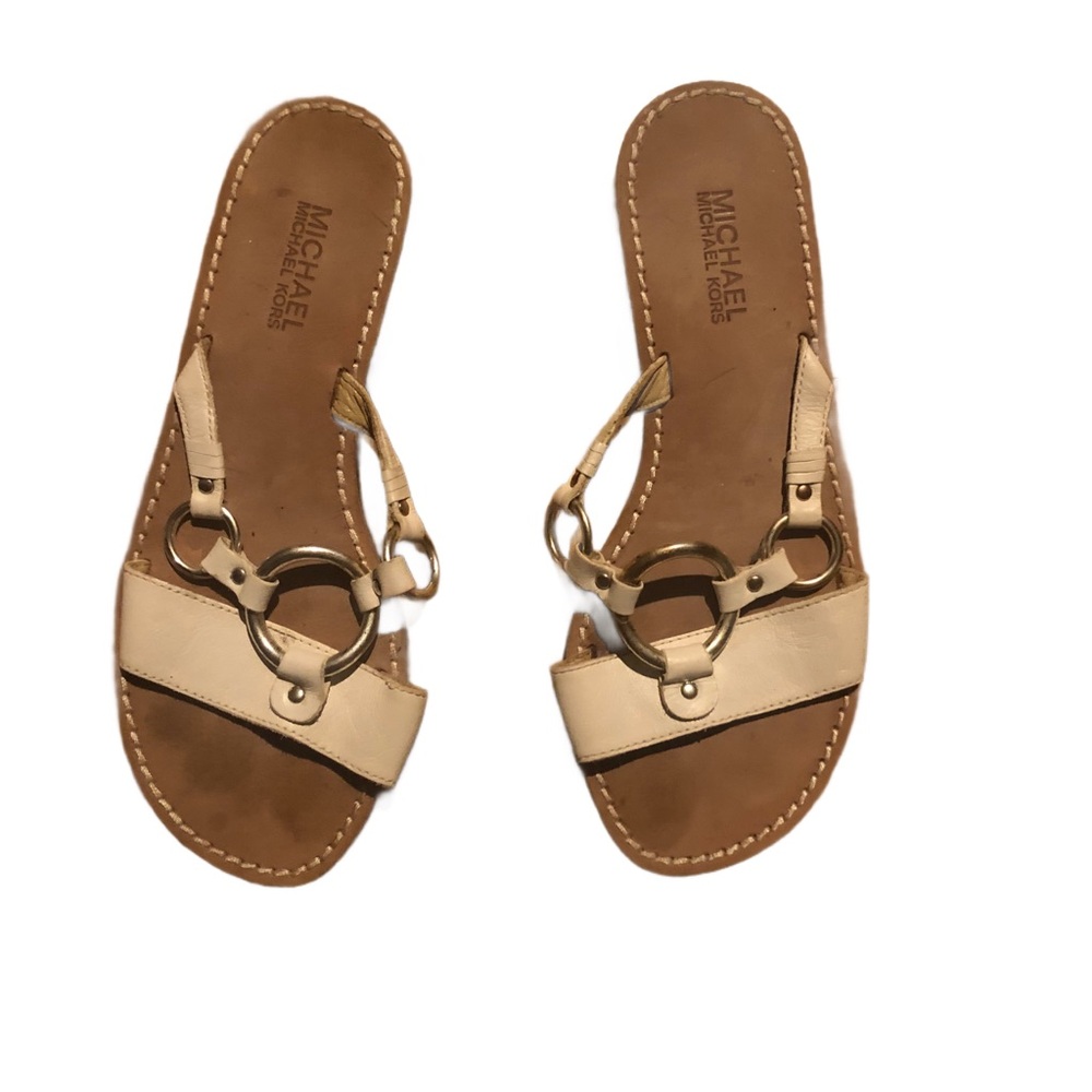 Michael Kors Tan Slide Sandals with Metallic Straps